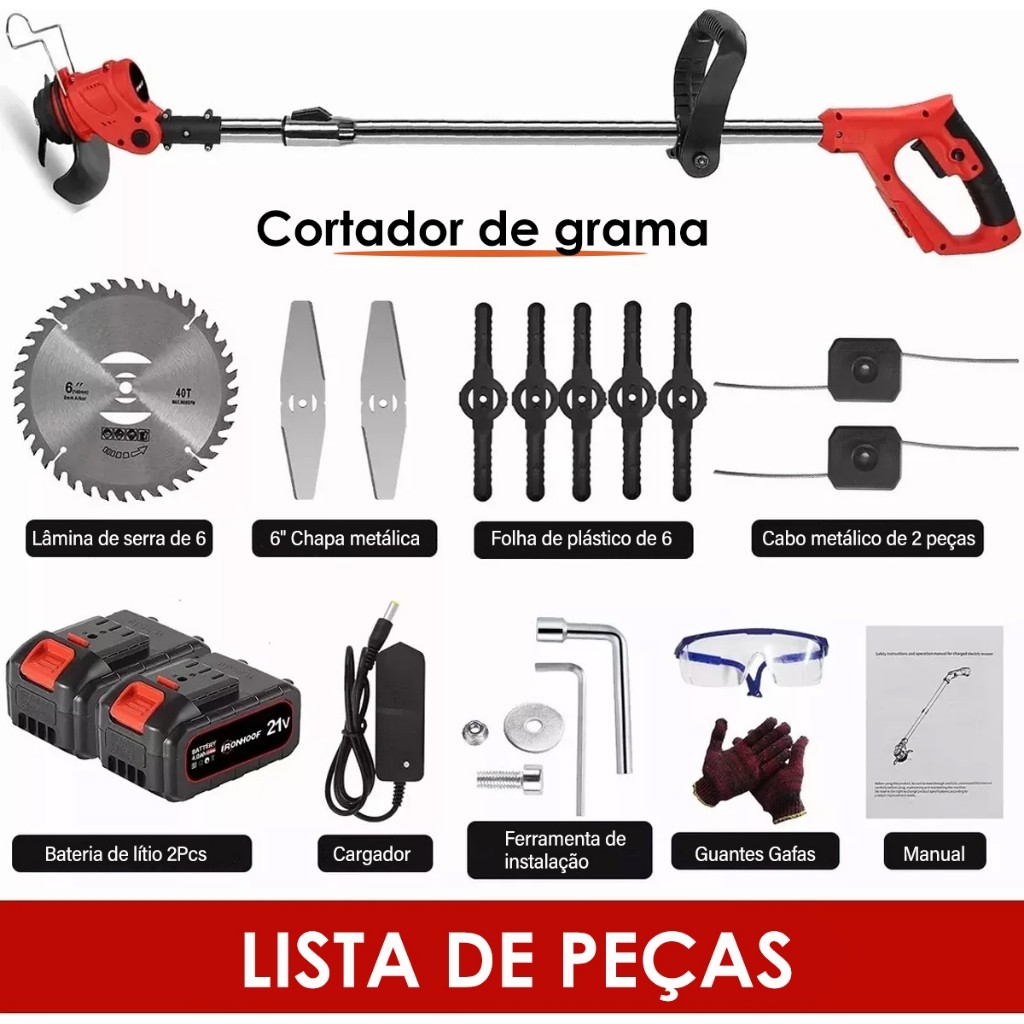 Cortador De Grama Recarregável 21V Maquina de Cortar Grama Brushless 2 Baterias