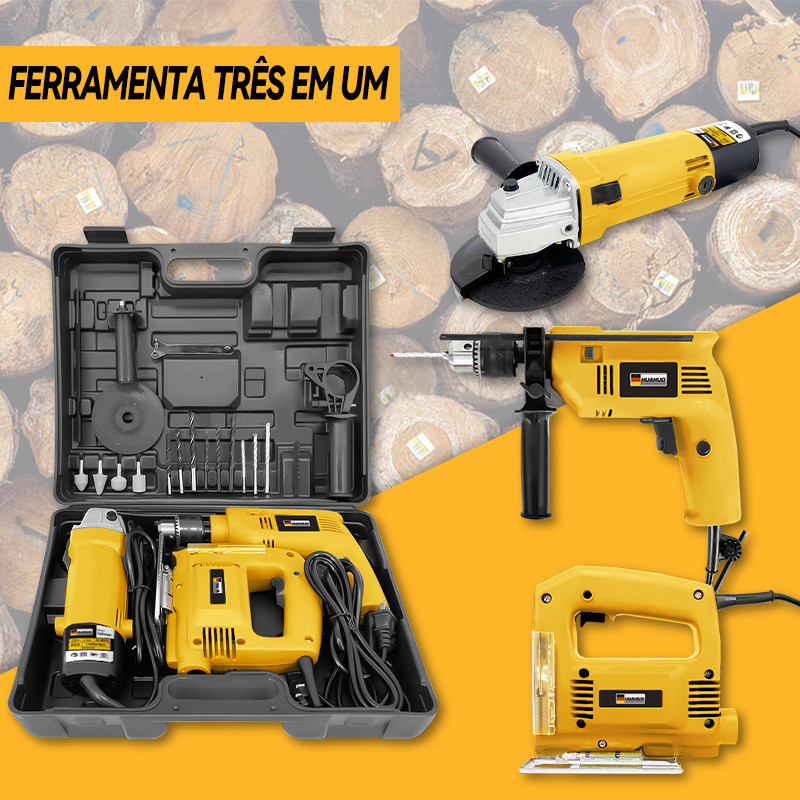 Kit 3 em 1 850W Furadeira de Impacto E 900W Lixadeira Esmerilhadeira E 750W Serra Tico Tico Com Peças E Maleta