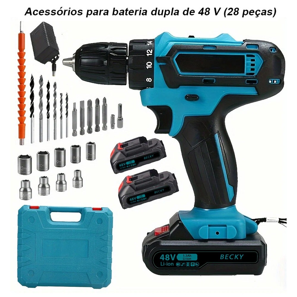 Furadeira elétrica 48V com 2 baterias e caixa, acessórios completos