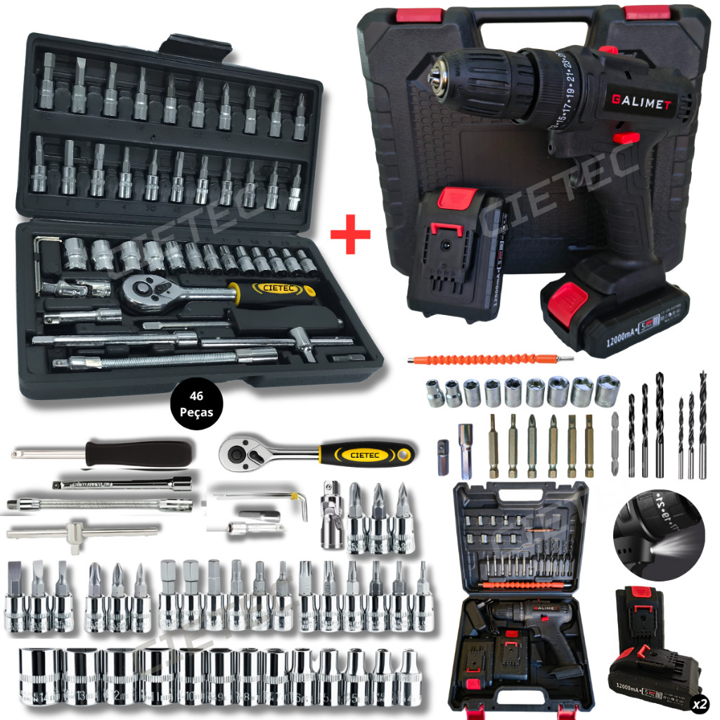 Parafusadeira Furadeira 2 Baterias Jogo De Chave Soquete Catraca Kit Ferramentas Completo