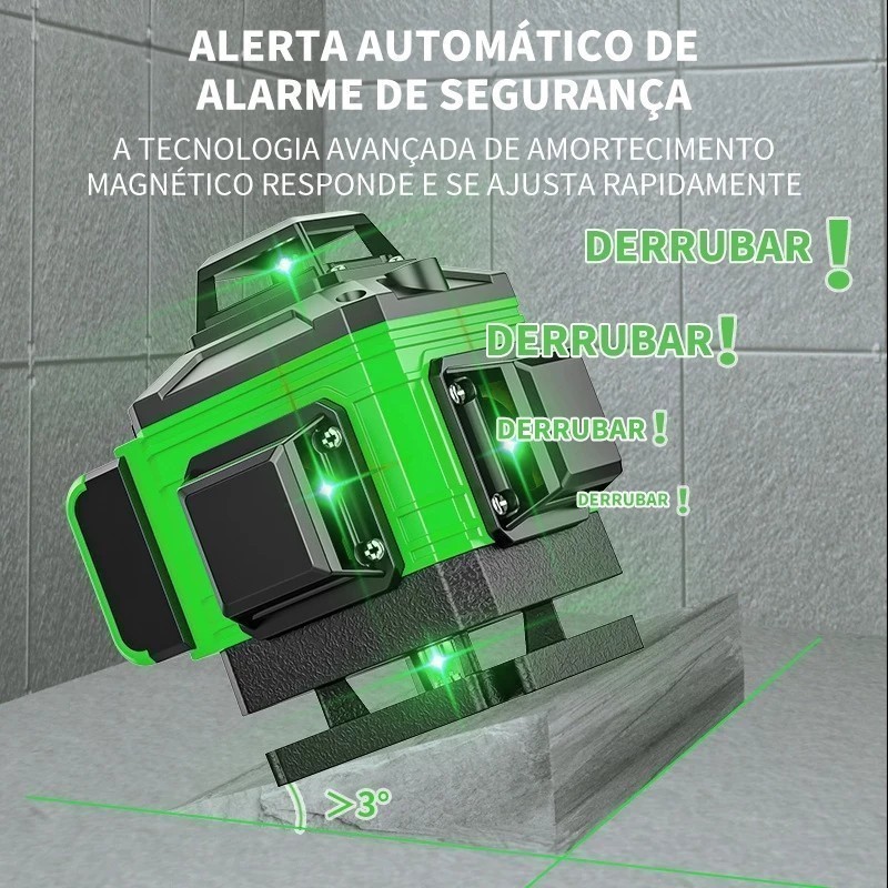 Nível a Laser Verde 360° 12/16 Linhas Profissional Auto-Nivelante com Base Rotativa – Alta Precisão Interno e Externo