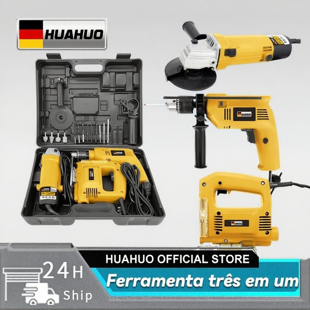 Kit 3 em 1 Maquita Furadeira de Impacto E Lixadeira Esmerilhadeira E Serra Tico Tico Com Peças E Maleta