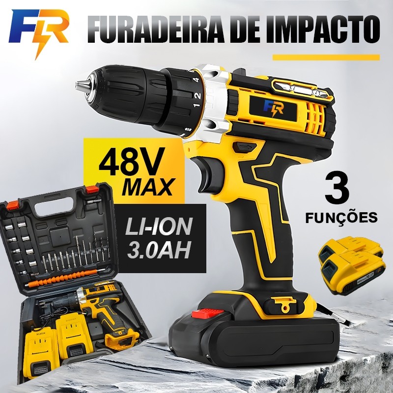 Parafusadeira Furadeira de Elétrica Sem Fio Impacto 48V Bateria 3 funções Kit Completo Acessórios